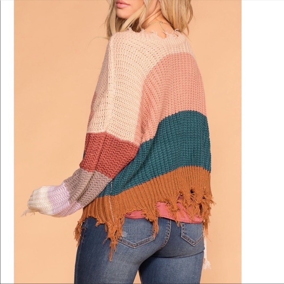 On the Road Distressed Color Block V-Neck Sweater Size S/M - Picture 14 of 16